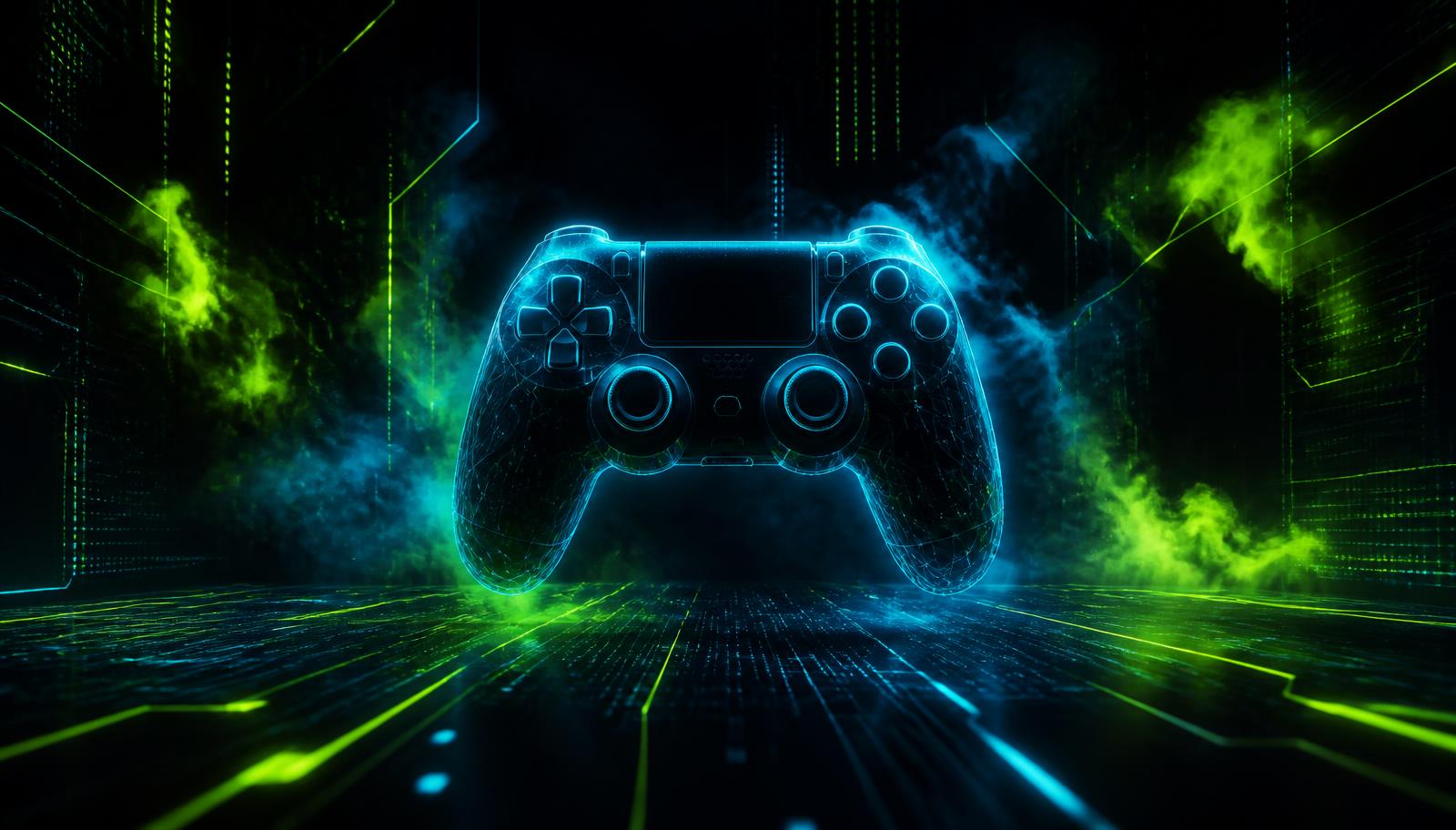 Neon wireframe game controller in a dark HUD environment